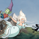 Elfo, Bean, and Luci falling off a cliff